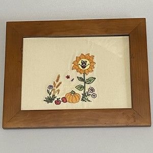 Boho MCM Vintage Style Embroidered Framed Picture Garden Theme 9"X7" PREOWNED